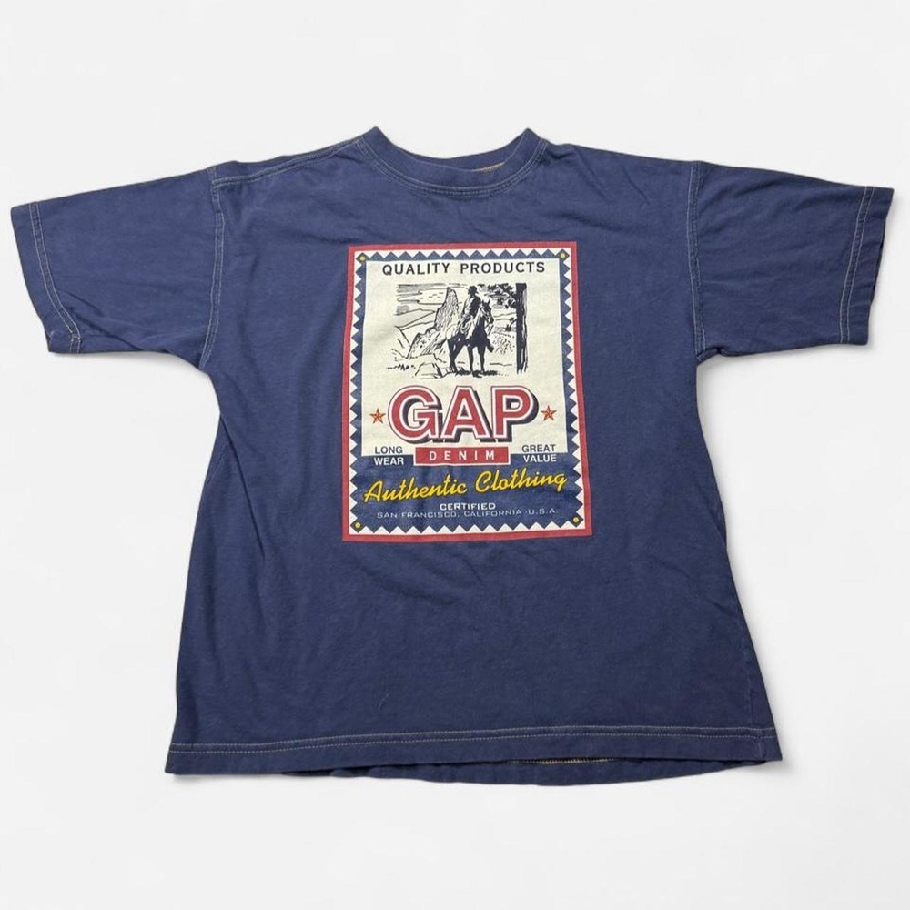 Vintage 90s Gap 'Authentic Clothing' navy graphic tee, made in USA, size XL
